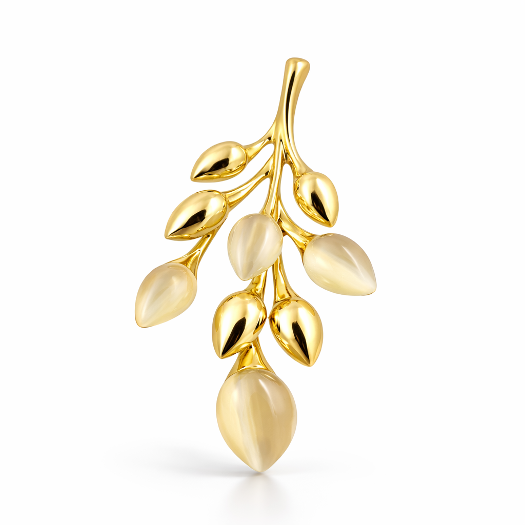 Gold-plated leaf cluster pendant and earrings set by Jinam, featuring delicate leaf designs and elegant jewelry craftsmanship.