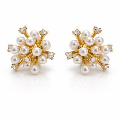 Pearl Burst Diamond Accent Gold Earrings