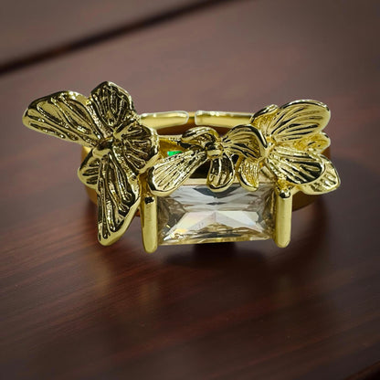 Butterfly Garden Statement Ring with Rectangle Crystal - Adjustable Gold Finish