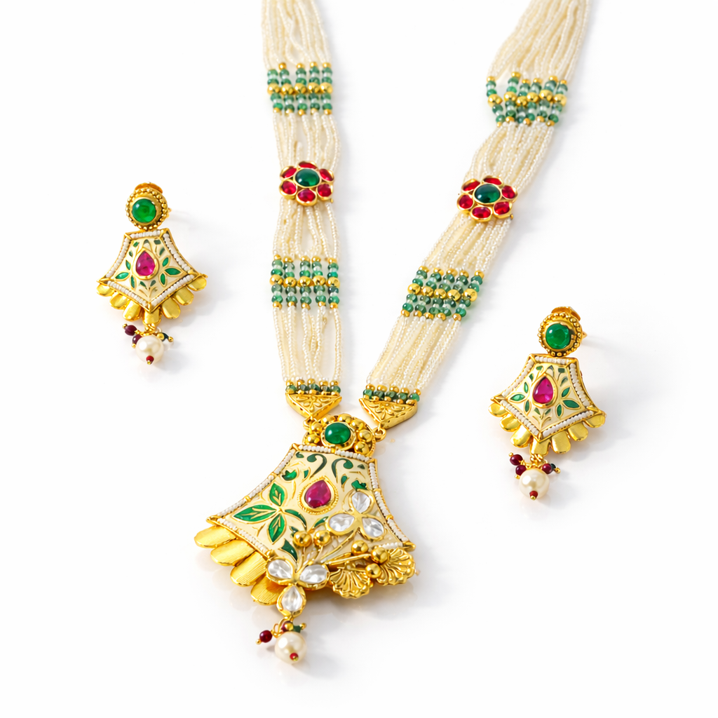 Jinam Meenakari Pearl Kundan imitation necklace set with intricate design and matching earrings, showcasing traditional craftsmanship.