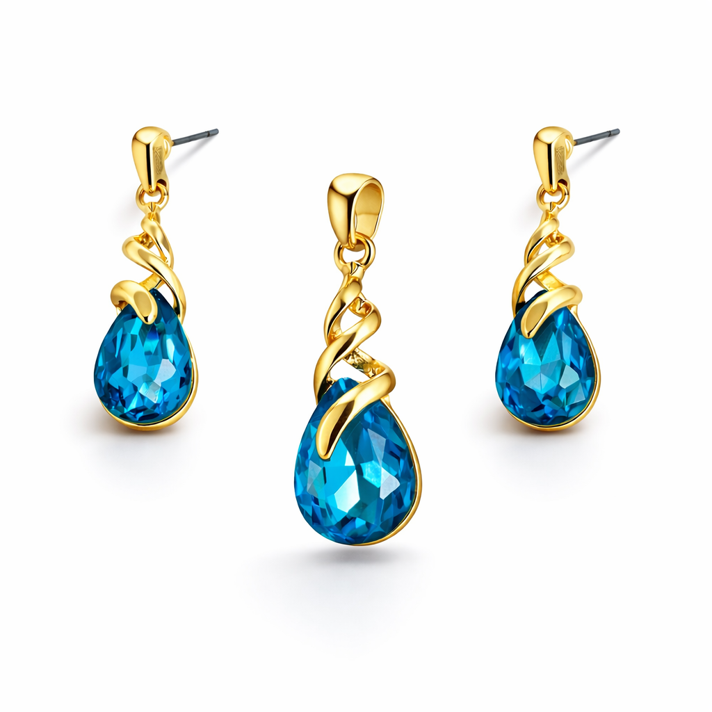 Gold-plated blue tear-drop stone pendant jewelry set by Jinam, featuring elegant teardrop-shaped blue stones and matching earrings.