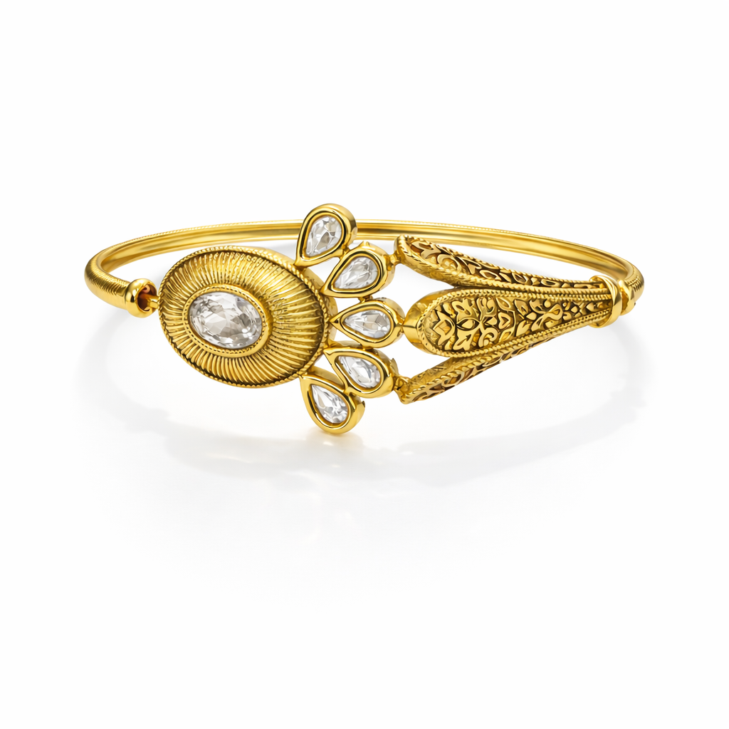 Jinam Royal Kundan Bloom gold bracelet featuring intricate Kundan design with floral motifs and traditional craftsmanship.