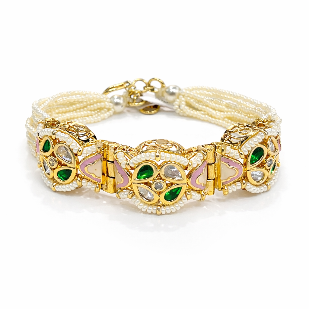 Royal Kundan Bracelet with Green Stones & Pearl Detailing