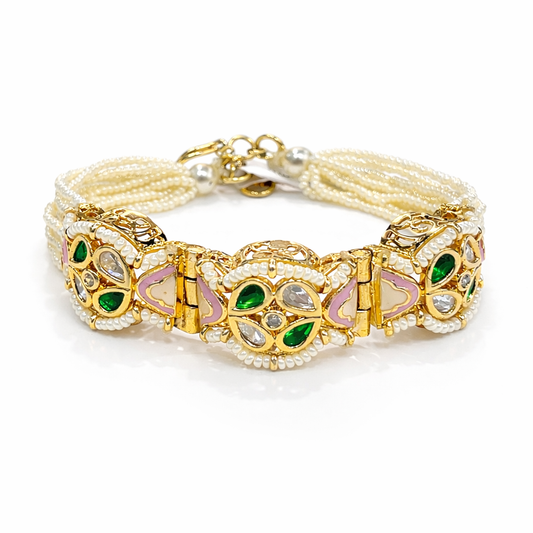 Royal Kundan Bracelet with Green Stones & Pearl Detailing