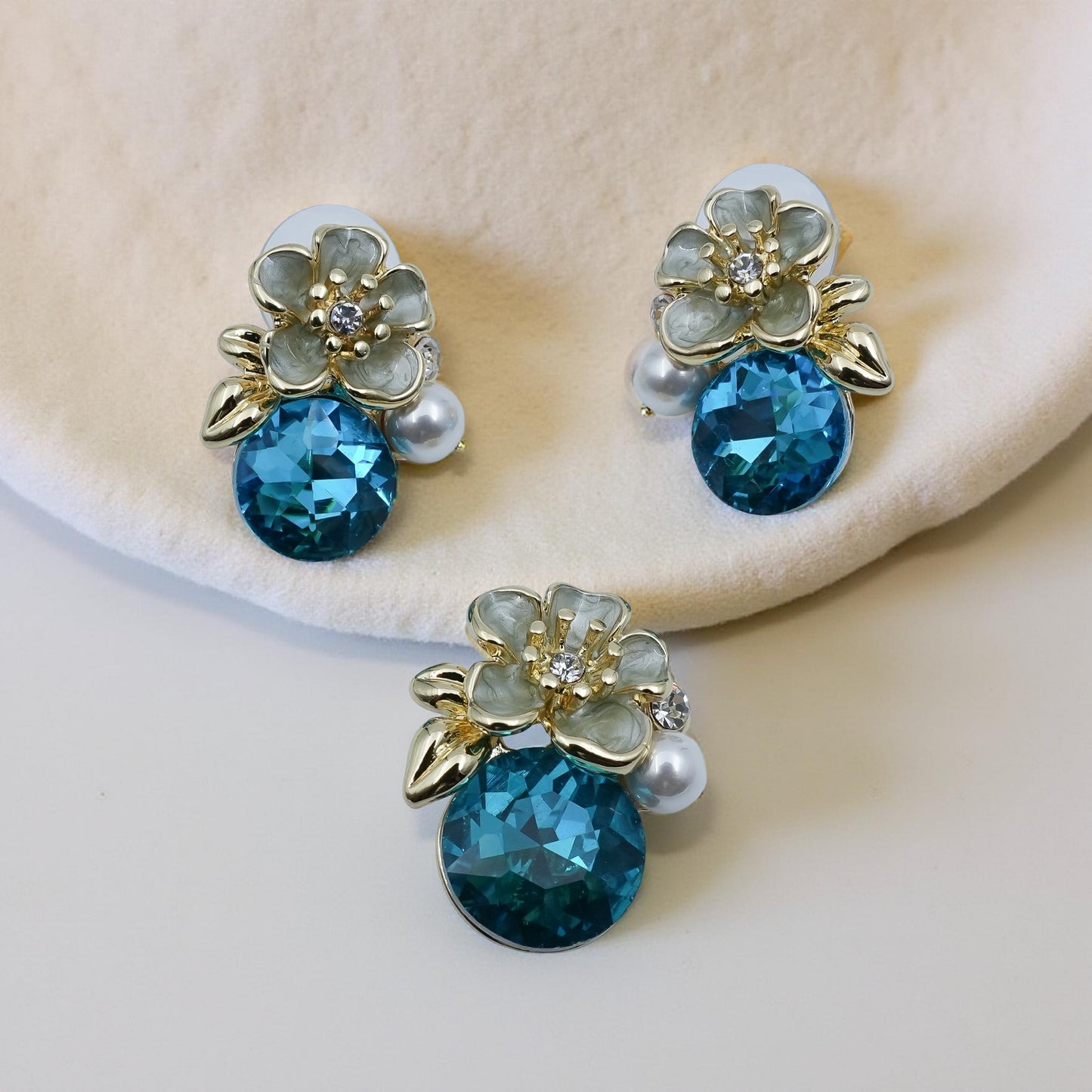 Blue Crystal Floral Stud Earrings