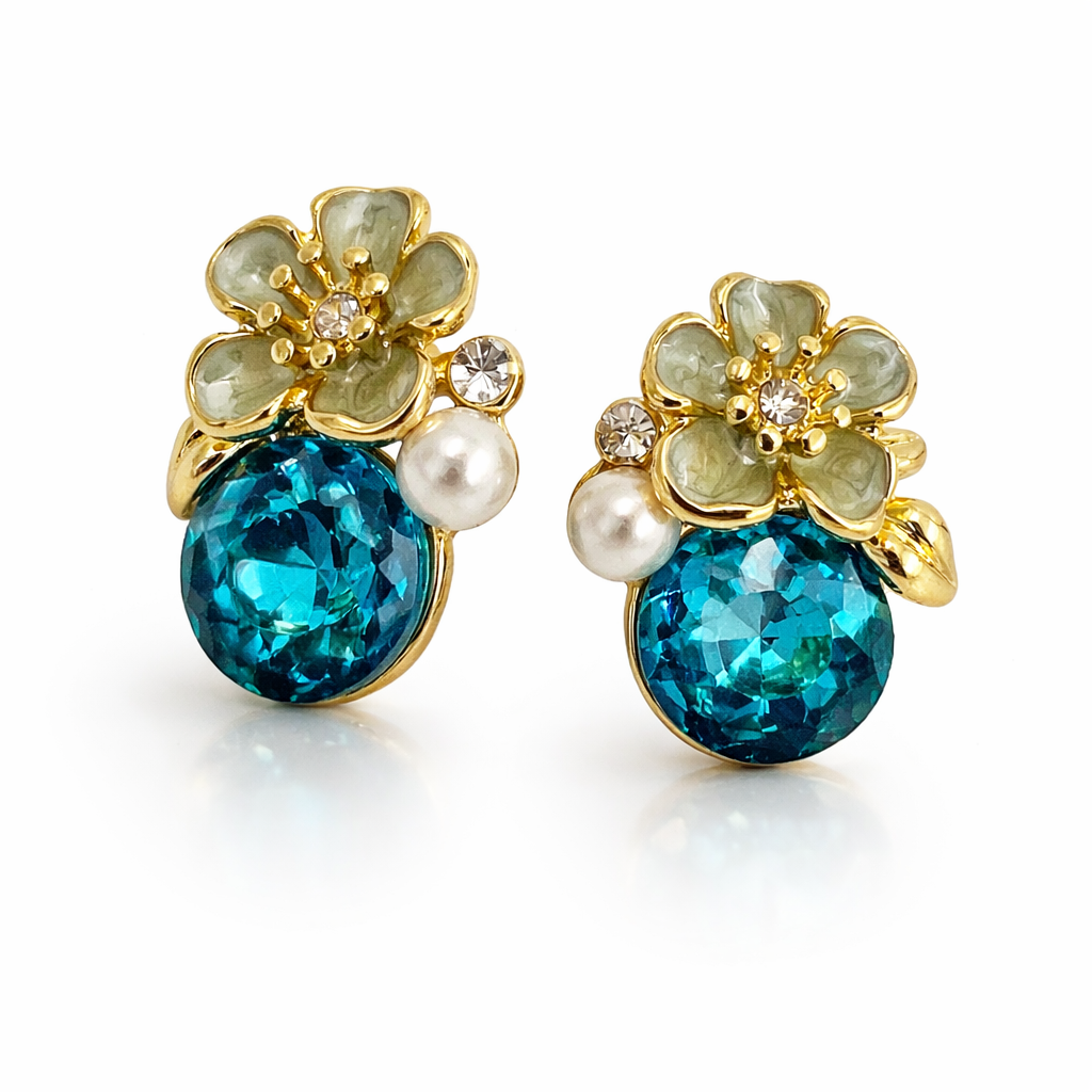 Blue Crystal Floral Stud Earrings