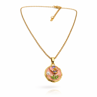 Floral Pearl Enamel Gold Pendant Chain
