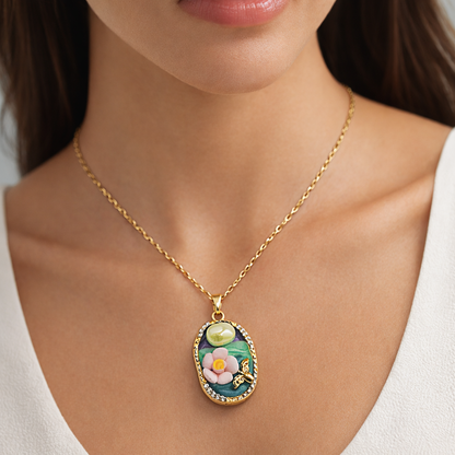 Garden Bloom Butterfly Oval Chain Pendant