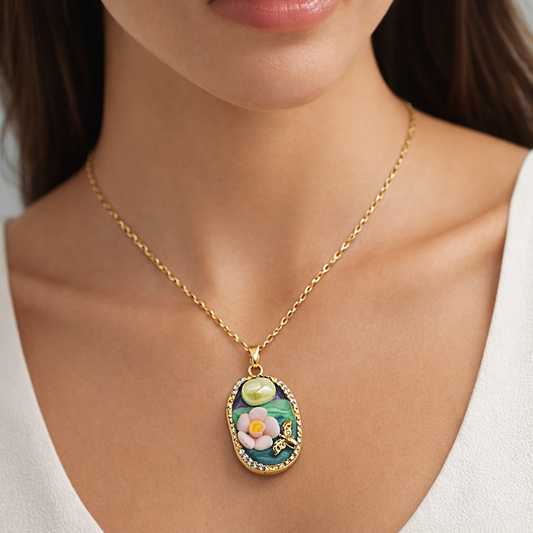 Garden Bloom Butterfly Oval Chain Pendant