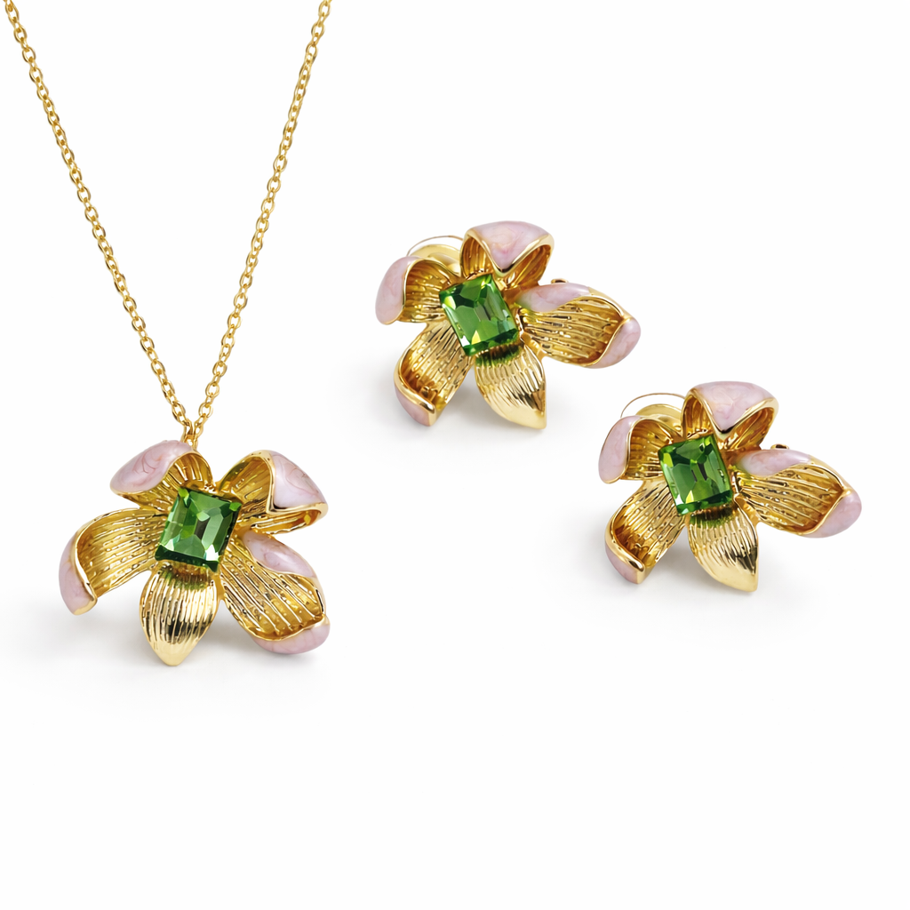 Gold-plated floral pendant jewelry set with green stones, featuring a matching necklace and earrings by Jinam.