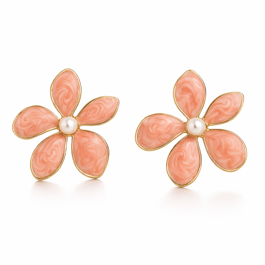 Jinam Peach Swirl Enamel Floral Stud Earrings with Pearl Center, delicate jewelry featuring colorful floral design and pearl accents.