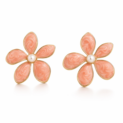 Jinam Peach Swirl Enamel Floral Stud Earrings with Pearl Center, delicate jewelry featuring colorful floral design and pearl accents.