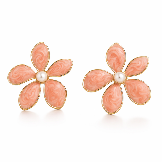 Jinam Peach Swirl Enamel Floral Stud Earrings with Pearl Center, delicate jewelry featuring colorful floral design and pearl accents.