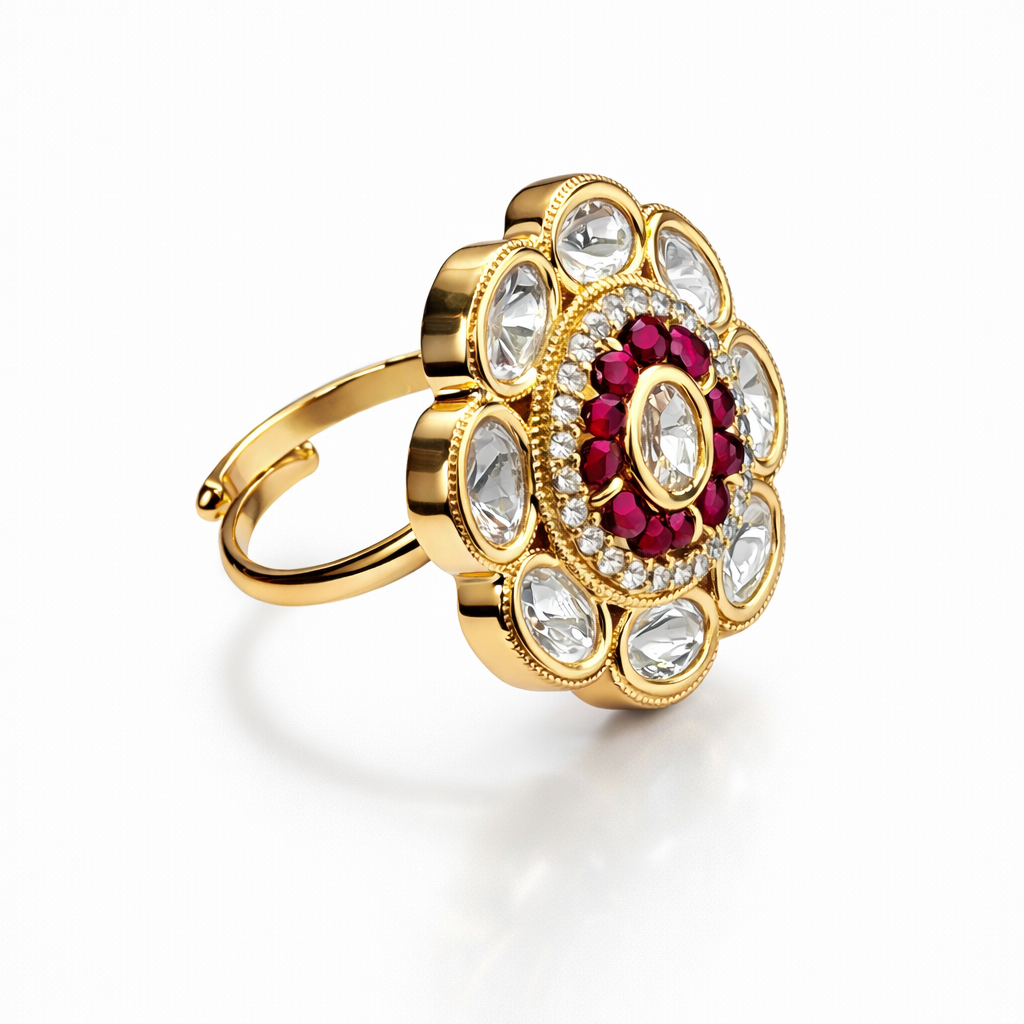 Jinam Ruby Polki floral ring in antique gold finish featuring intricate floral design and vibrant ruby accents.
