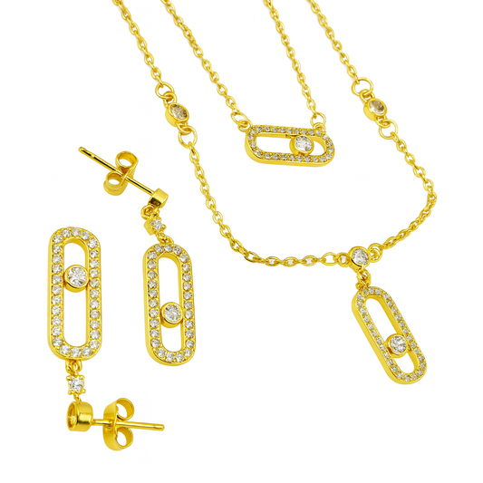 22k Gold-Plated CZ Oval Link Necklace & Earrings Set for Women | Anti-Tarnish
