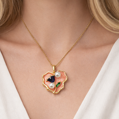 Peach Enamel Pearl Abstract Chain Pendant