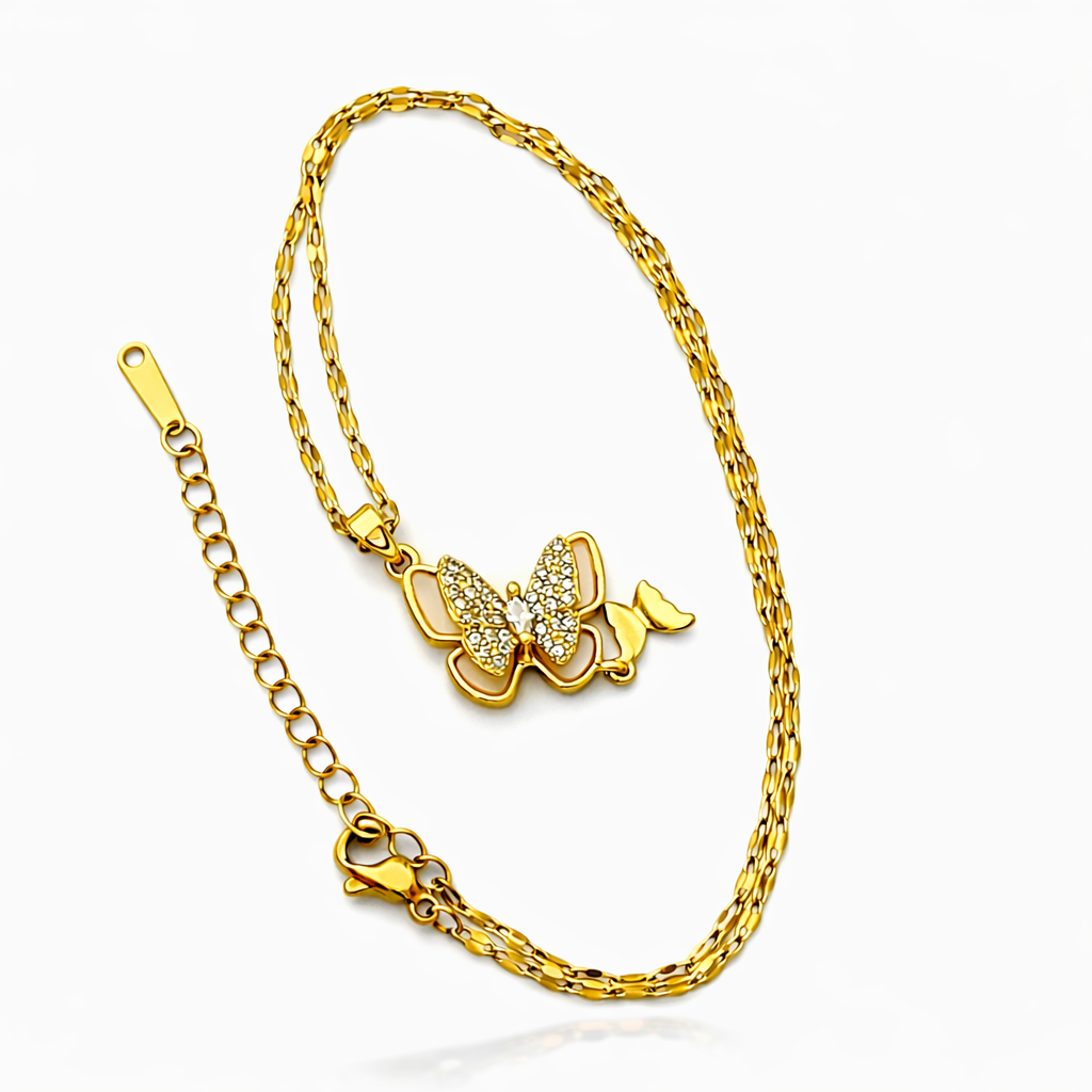 Elegant Butterfly Gold Chain Necklace with CZ Stone Pendant