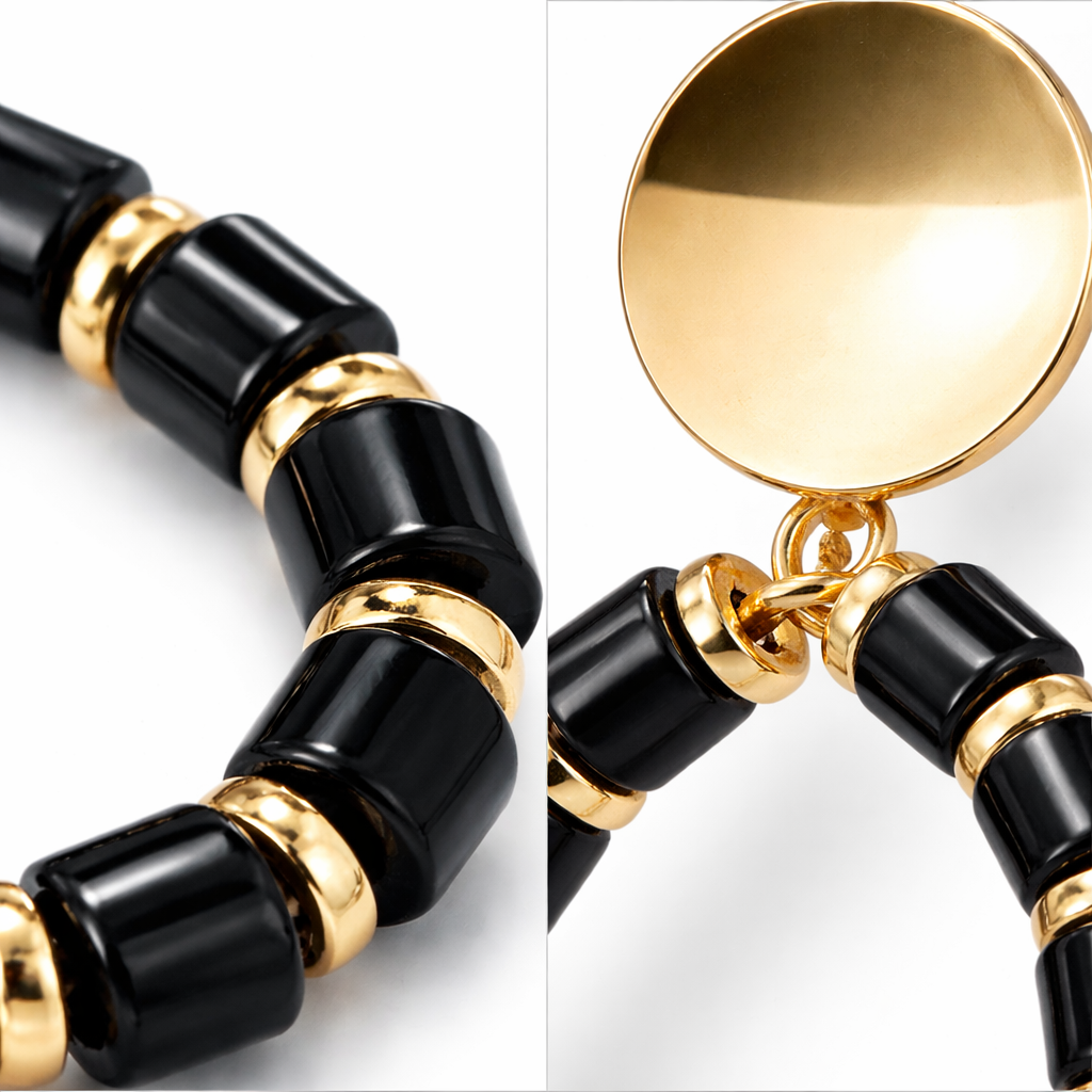 Black Cylinder Bead & Gold Disc Hoop Drop Earrings with Coin Stud Top