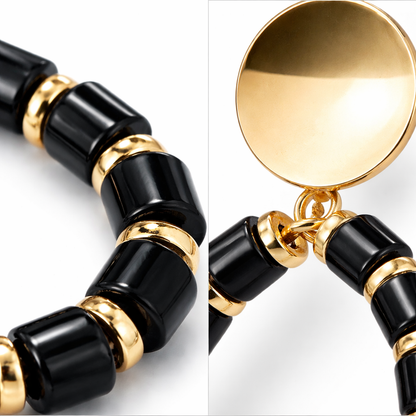 Black Cylinder Bead & Gold Disc Hoop Drop Earrings with Coin Stud Top
