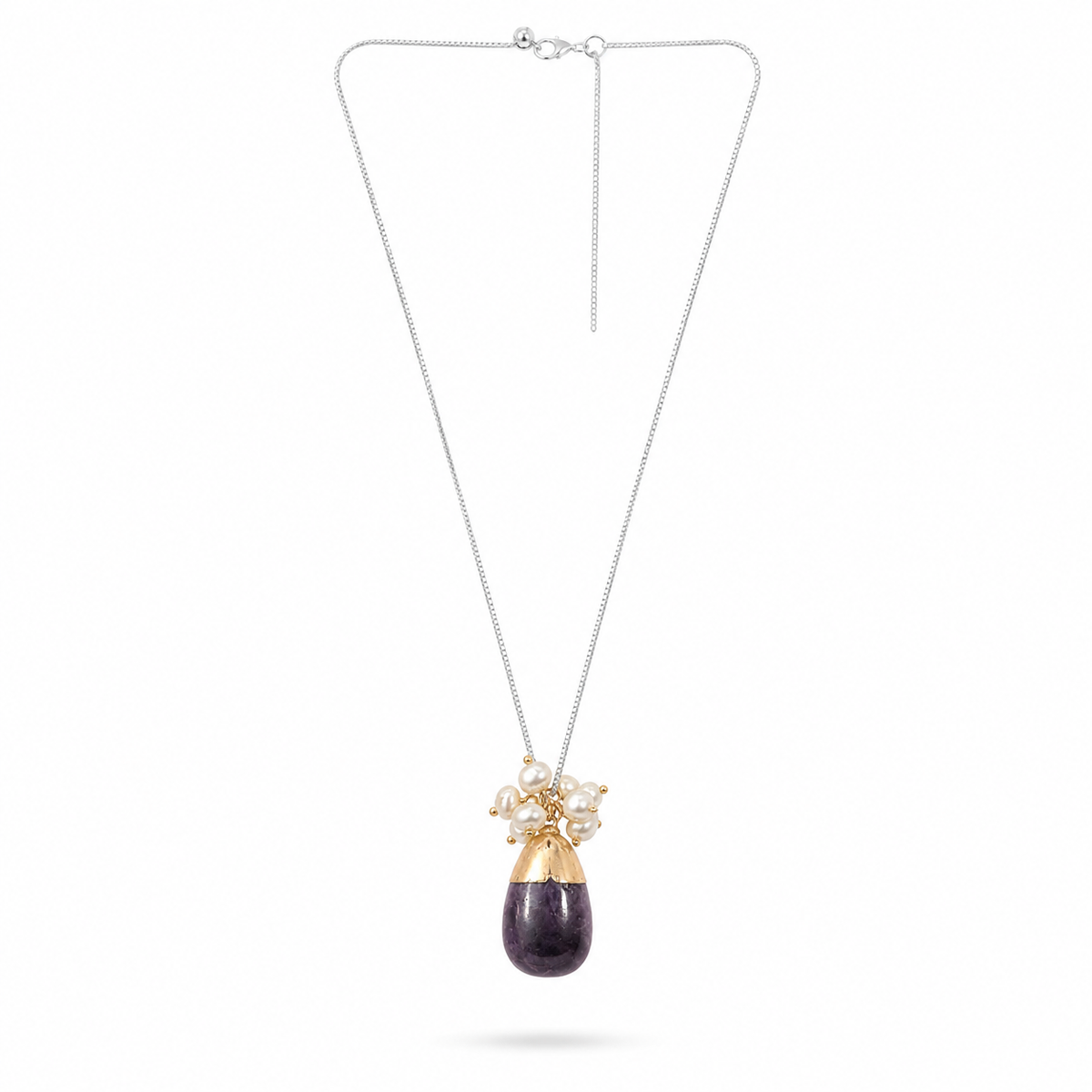 Amethyst Drop & Pearl Cluster Pendant Necklace – Silver Chain