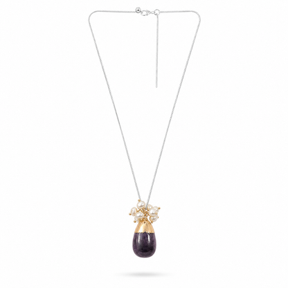 Amethyst Drop & Pearl Cluster Pendant Necklace – Silver Chain