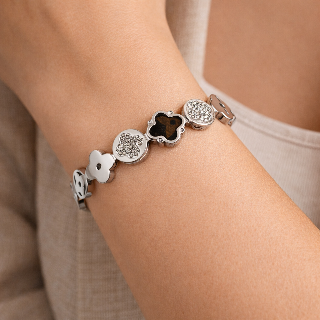 Elegant Clover Charm Bracelet in Silver Finish with Crystal & Enamel Accents