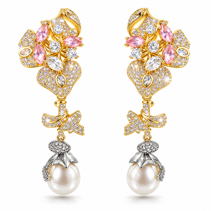 Gold-Tone Pink Floral Semi-Precious Stone & Zircon Drop Earrings