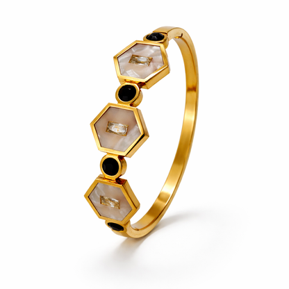 Geometric Mother-of-Pearl Gold Bracelet with Black Onyx Accents