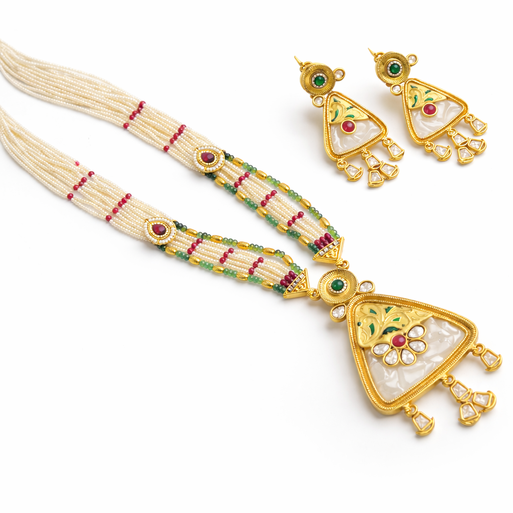 Golden Triad Pearl Kundan Necklace Set
