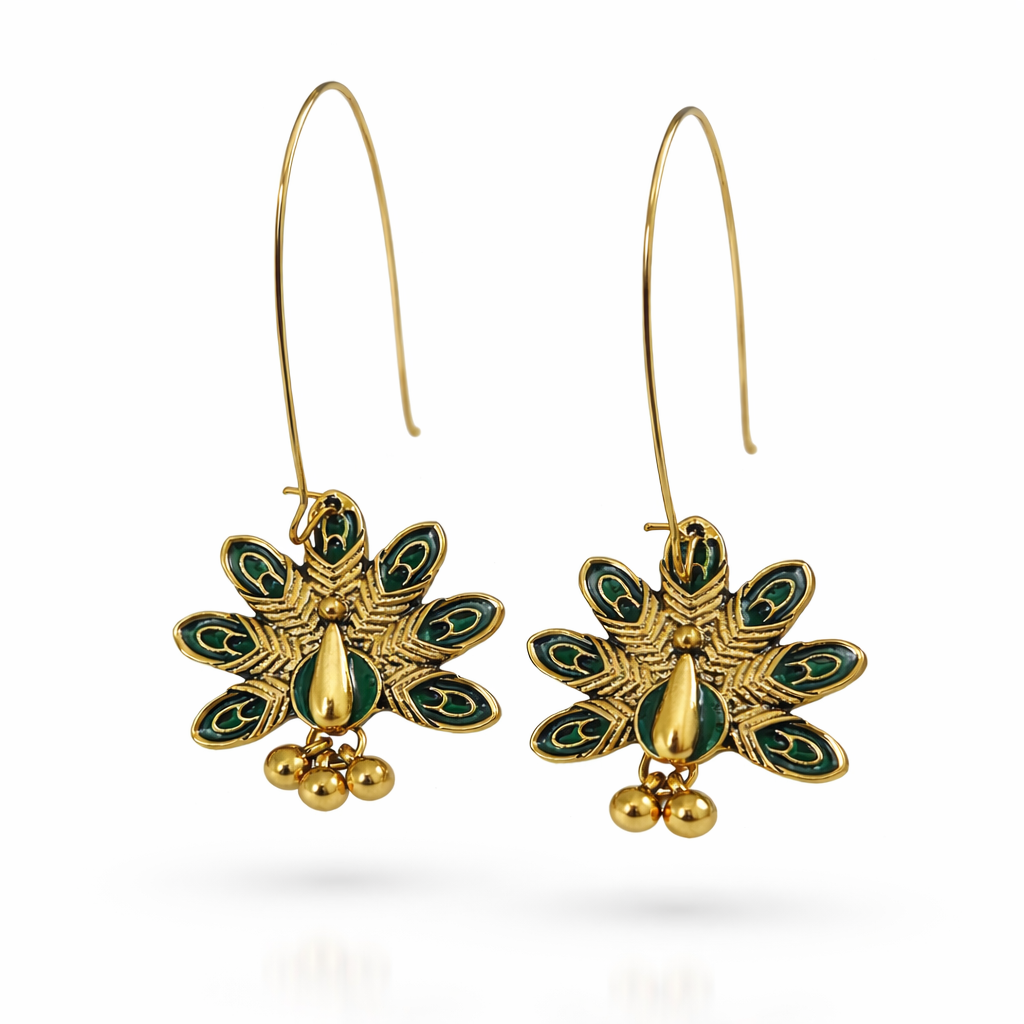 Antique gold-plated peacock motif hook earrings with intricate design, showcasing Jinam's elegant jewelry craftsmanship.