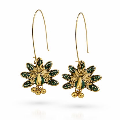 Antique gold-plated peacock motif hook earrings with intricate design, showcasing Jinam's elegant jewelry craftsmanship.