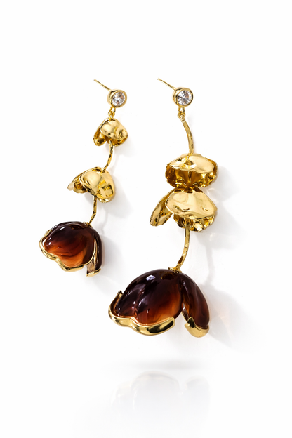 Amber Floral Gold Drop Earrings with Crystal Stud