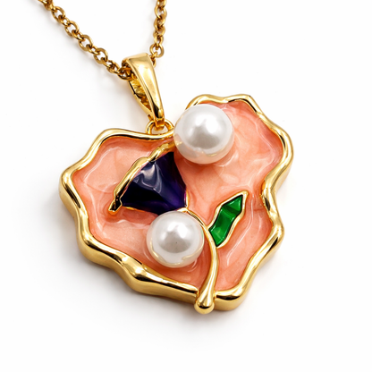 Peach Enamel Pearl Abstract Chain Pendant