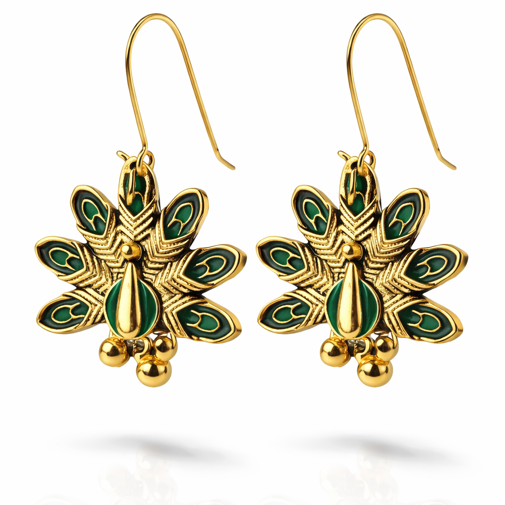 Gold-plated peacock motif hook earrings by Jinam, detailed antique design with intricate feather patterns and elegant dangle style.