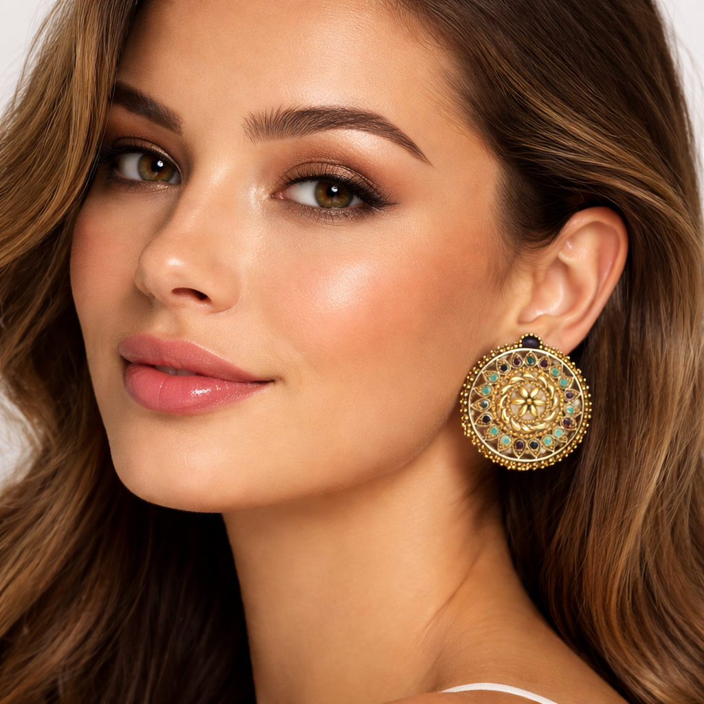 Antique Gold Floral Mandala Stud Earrings with Turquoise & Ruby Stones