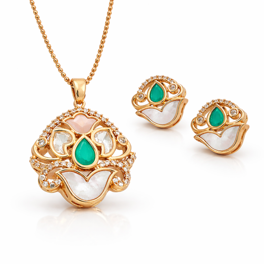 Rajwadi Lotus Green Stone Jewellery Set