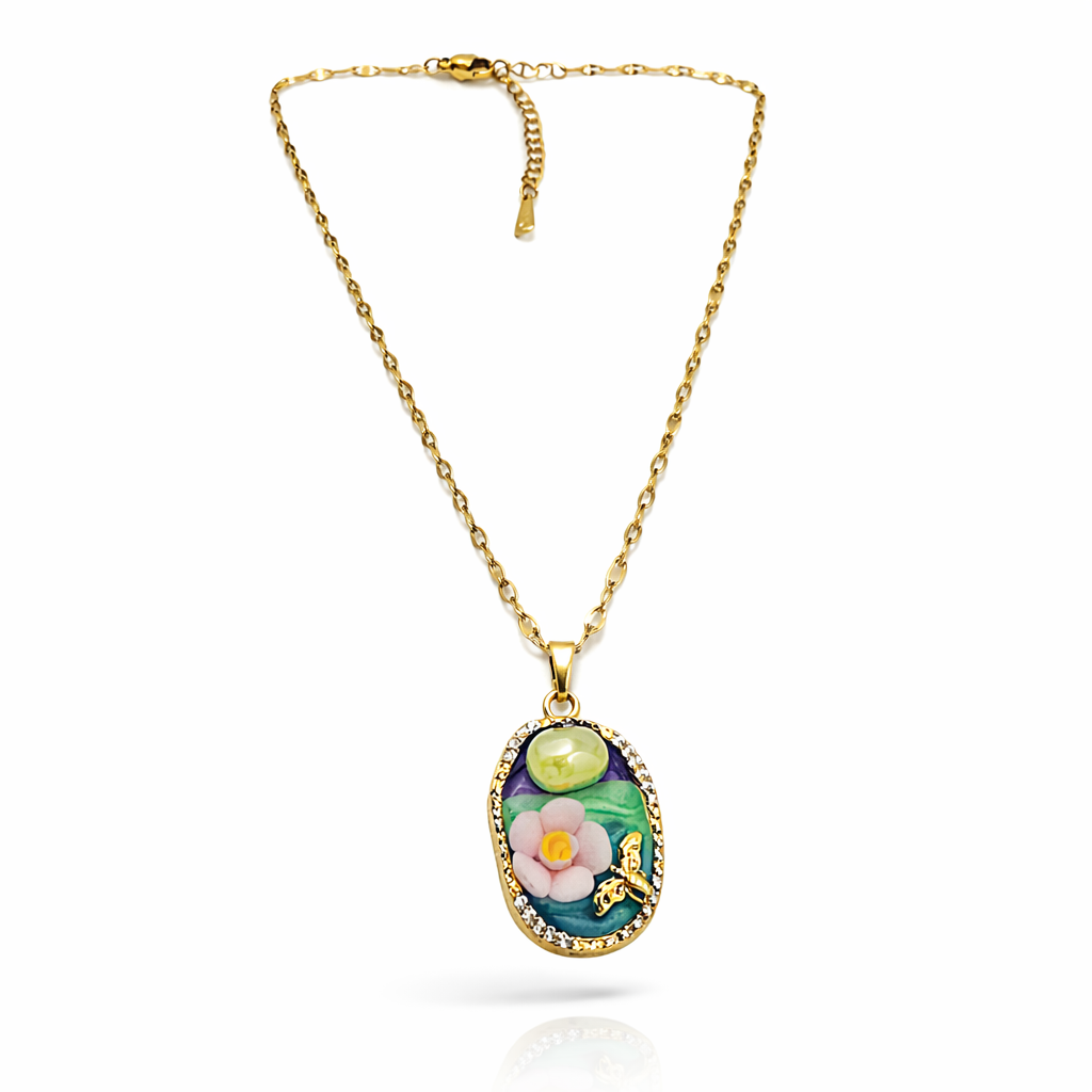 Garden Bloom Butterfly Oval Chain Pendant