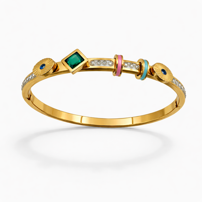 Elegant Gold-Tone Multi-Charm Bracelet with Green Stone & Enamel Accents | Anti-Tarnish