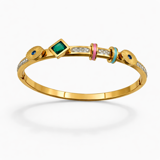 Elegant Gold-Tone Multi-Charm Bracelet with Green Stone & Enamel Accents | Anti-Tarnish