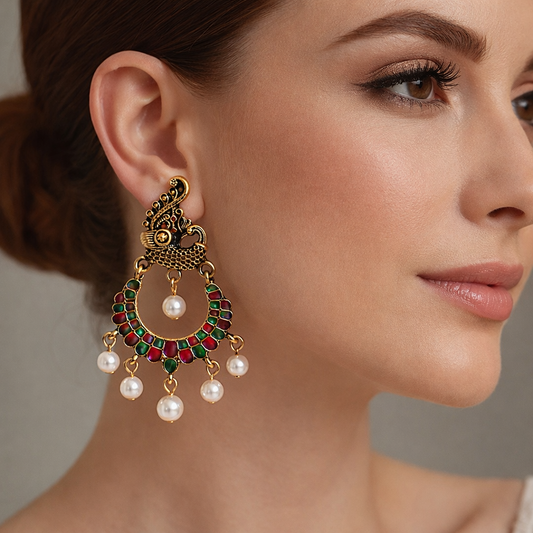 Antique Gold Peacock Chandbali Earrings with Red-Green Meenakari & Pearl Drops