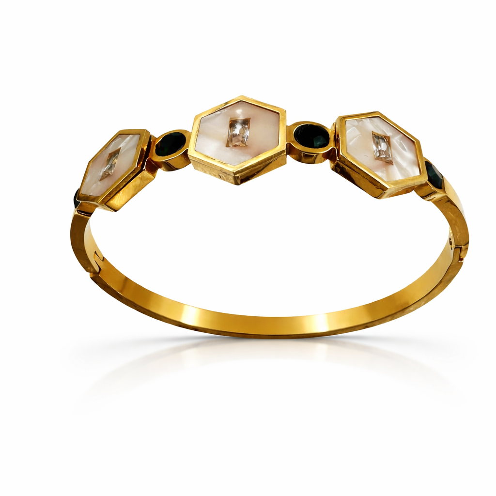 Geometric Mother-of-Pearl Gold Bracelet with Black Onyx Accents