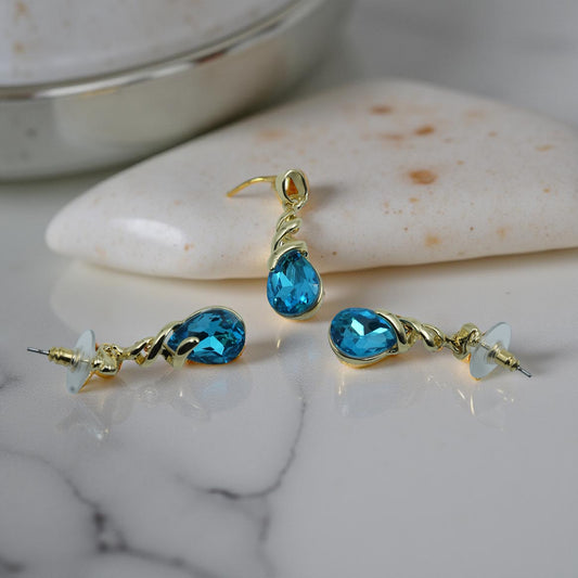 Gold-Plated Blue Tear-Drop Stone Jewellery Set