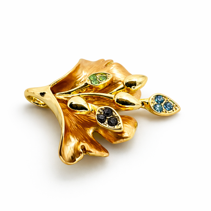 Golden Leaf Blossom Pendant & Earrings Set with Multicolor Stones