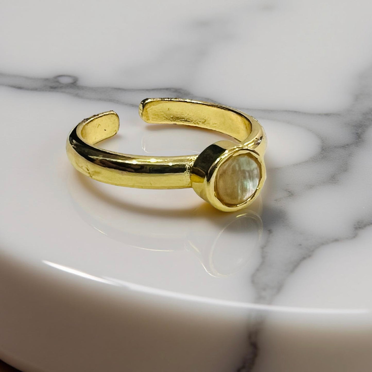 Minimalist Gold-Tone Adjustable Ring with Natural Iridescent Shell Stone