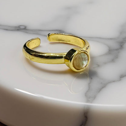 Minimalist Gold-Tone Adjustable Ring with Natural Iridescent Shell Stone