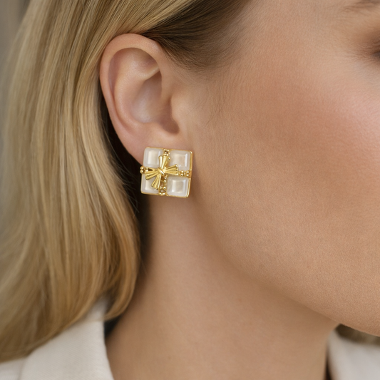 Mother-of-Pearl Cross Gold Stud Earrings
