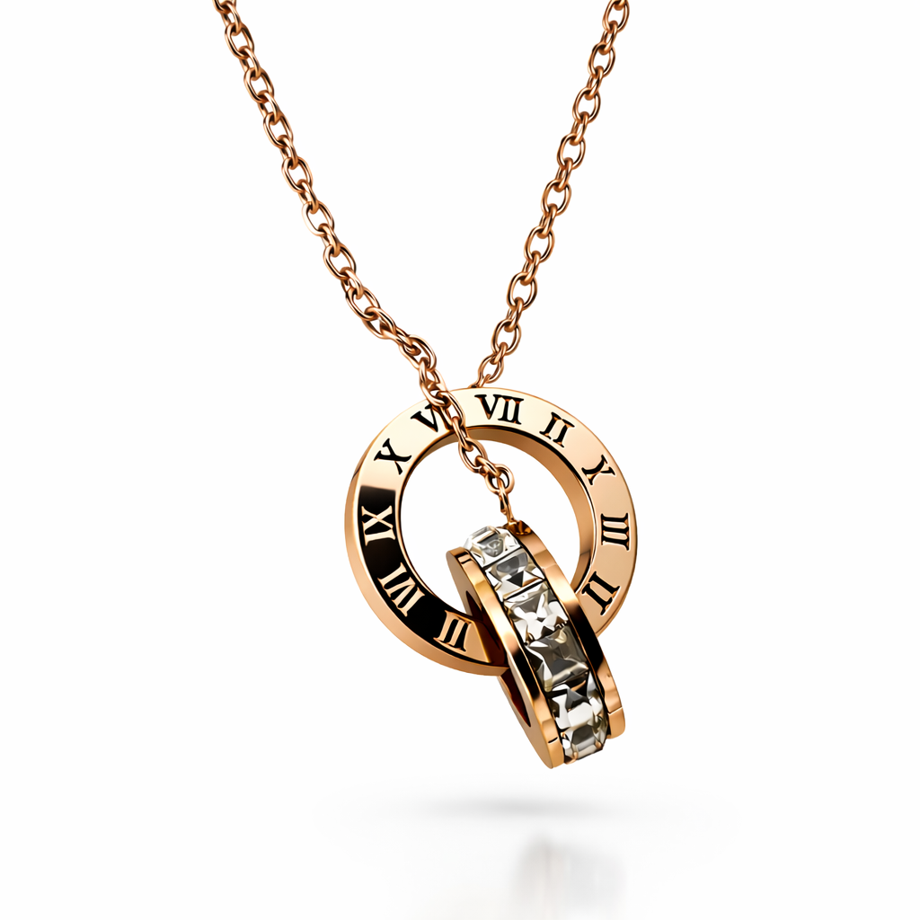Rose Gold Interlocked Circle Pendant Necklace with Roman Numerals & CZ Stones