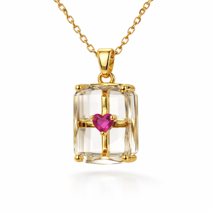 Crystal Cube Chain Pendant with Ruby Heart