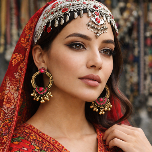 Antique Gold Open Hoop Earrings with Pink Stones & Ghungroo Drops
