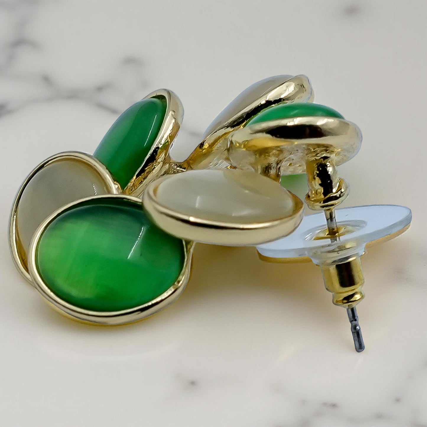 Elegant Dual-Tone Green & Beige Oval Stone Earrings